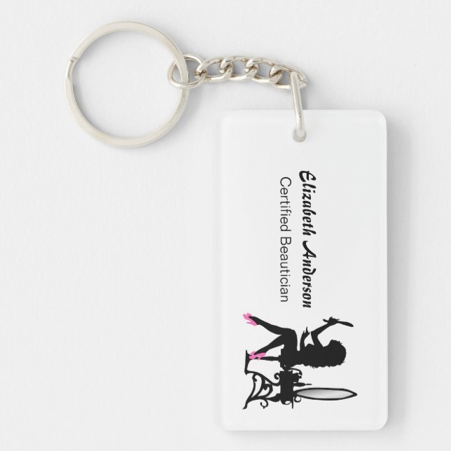 Beautician Pink and Black Girly Girl Hair Stylist Keychain (Front)