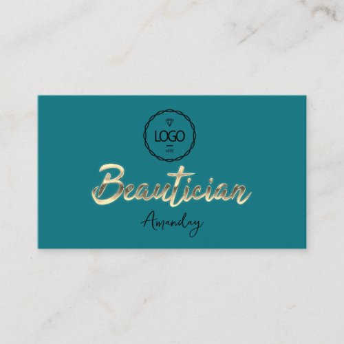Beautician Script Gold QRCode Logo Teal Business Card