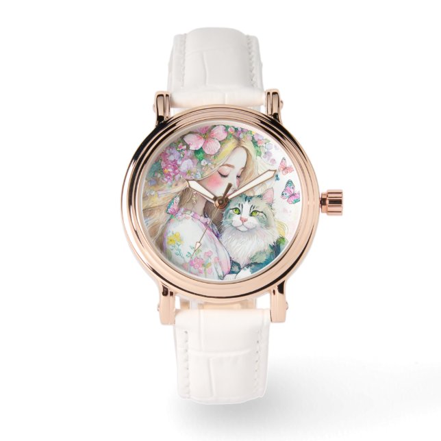 Beautidul watercolor woman with cat illustration  watch (Front)
