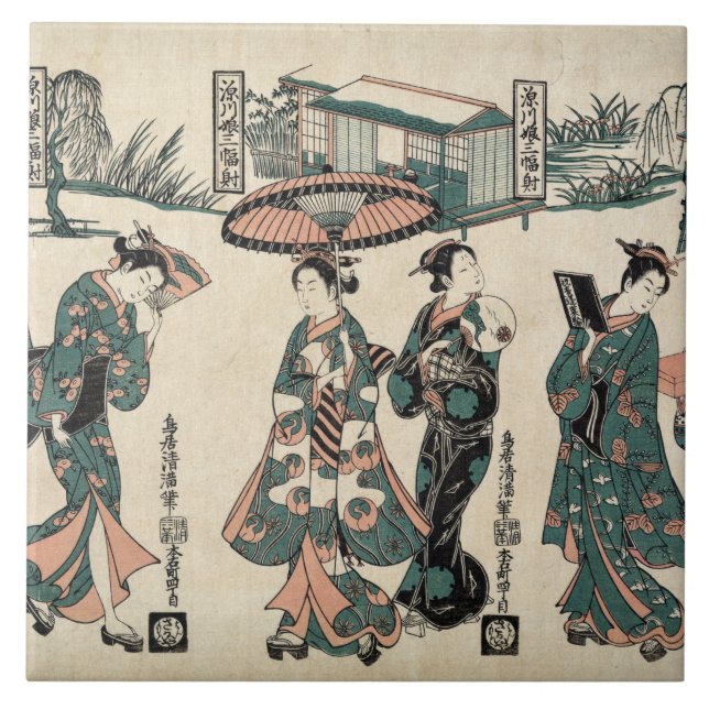 Beauties from Fukagawa. Triptych Ceramic Tile (Front)