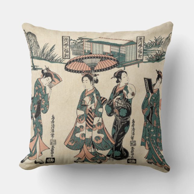 Beauties from Fukagawa. Triptych Throw Pillow (Front)