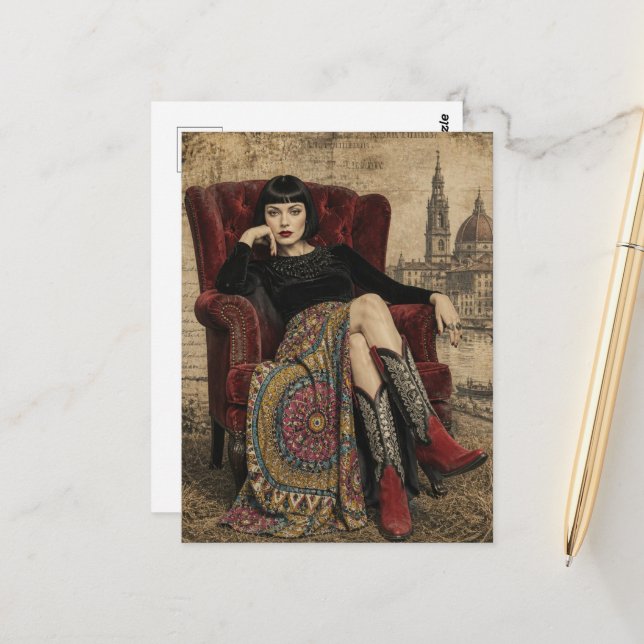 Beautiful 1920s Woman Sits in a Red Chair Postcard (Front/Back In Situ)