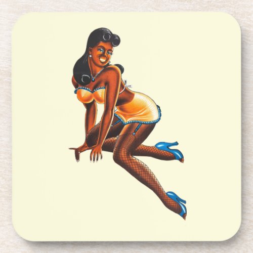 beautiful 1950s retro black pinup girl art  beverage coaster