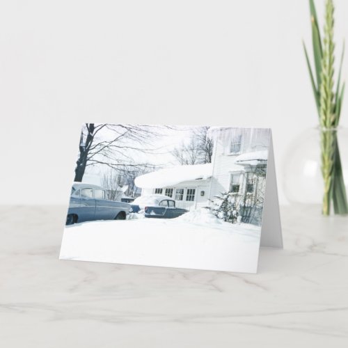 Beautiful 1950s Snow Covered House and Cars Card