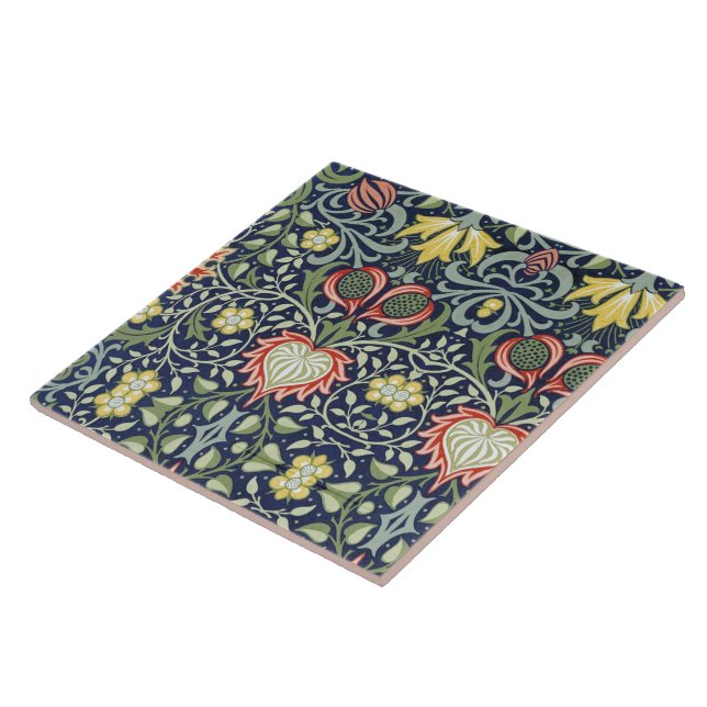 Beautiful 19th  Century Floral Pattern Green Red Ceramic Tile (Side)