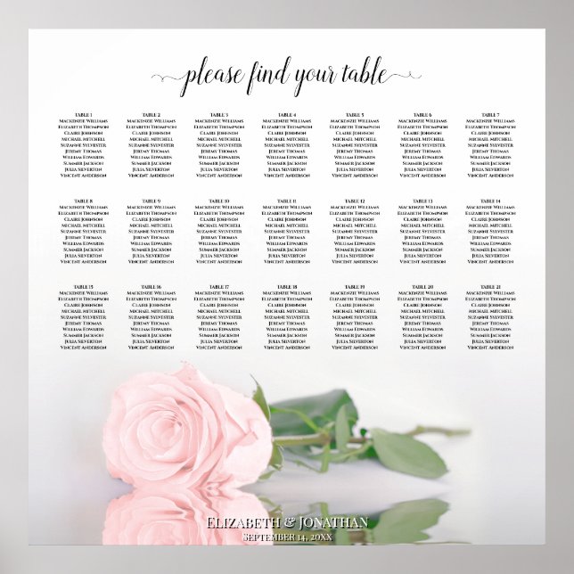 Beautiful 21 Table Pink Rose Wedding Seating Chart (Front)