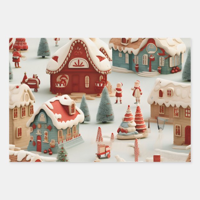 Beautiful 3D Christmas Market Wrapping Paper Sheets (Front)