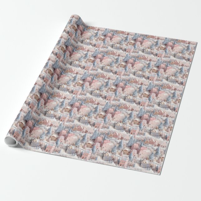 Beautiful 3D Festive Christmas Village Wrapping Paper (Unrolled)