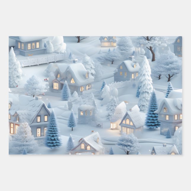 Beautiful 3D Festive Christmas Village Wrapping Paper Sheets (Front)