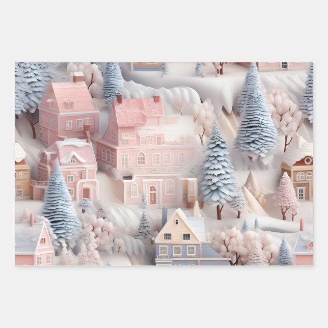 Beautiful 3D Festive Christmas Village Wrapping Paper Sheets (Front)