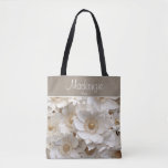 Beautiful 3D White Gardenia Bridal Tote<br><div class="desc">Discover our exquisite Bridal Tote Bag, adorned with 3D White Gardenia Floral designs and elegant gold accents. This stunning bag features lifelike white gardenias that seem to bloom right off the fabric, complemented by luxurious gold touches that add a hint of sophistication. Personalize with name and title to make it...</div>