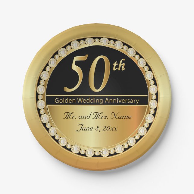 Beautiful 50th Golden Wedding Anniversary Paper Plates (Front)