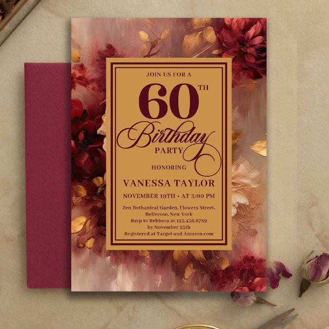 Beautiful 60th Birthday Burgundy Roses Gold Invite (Beautiful 60th Birthday Burgundy Roses Gold Invitation)