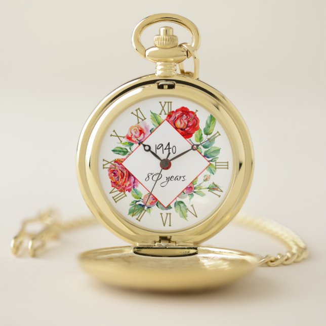 Beautiful 80th Birthday 1940 Gift Woman Red Roses Pocket Watch (Inside)