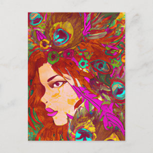 Beautiful Abstract Art Women with Feathers Postcard
