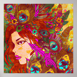 Beautiful Abstract Art Women with Feathers Poster