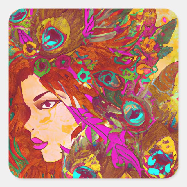 Beautiful Abstract Art | Women with Feathers Square Sticker (Front)