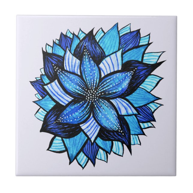 Beautiful Abstract Blue Flower Ink Drawing Ceramic Tile (Front)
