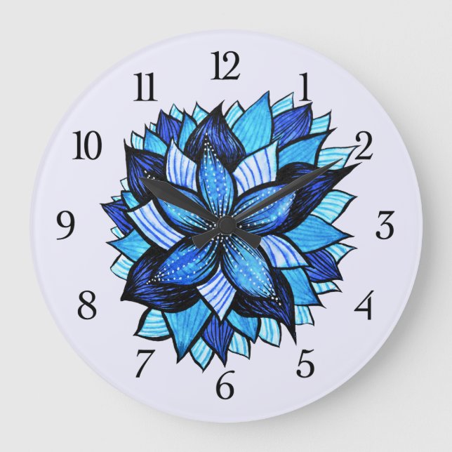 Beautiful Abstract Blue Flower Ink Drawing Large Clock (Front)