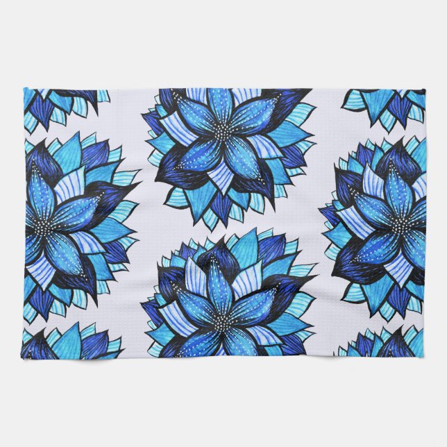 Beautiful Abstract Blue Flower Ink Drawing Pattern Towel (Horizontal)