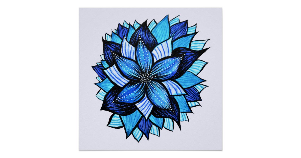 Beautiful Abstract Blue Flower Ink Drawing Poster | Zazzle