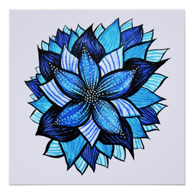 Beautiful Abstract Blue Flower Ink Drawing Poster (Front)