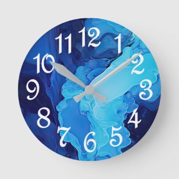 Beautiful Abstract Blue Modern Artistic Fluid Art Round Clock by azlaird at Zazzle