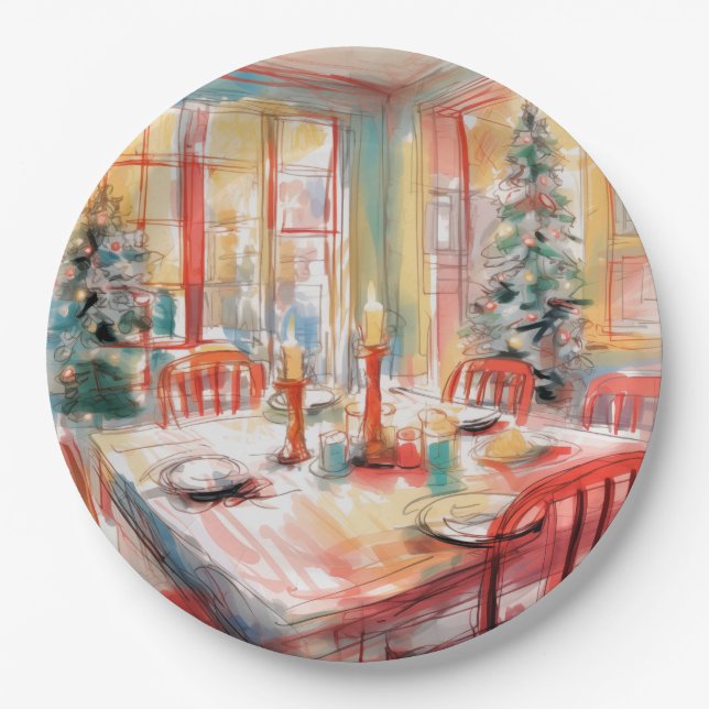 Beautiful Abstract Christmas Dinner Table Setting Paper Plates (Front)