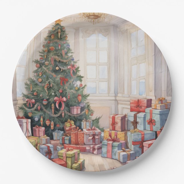 Beautiful Abstract Christmas Tree Stacks of Gifts Paper Plates (Front)