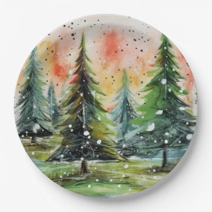 Beautiful Abstract Christmas Trees Glowing Sky Paper Plates