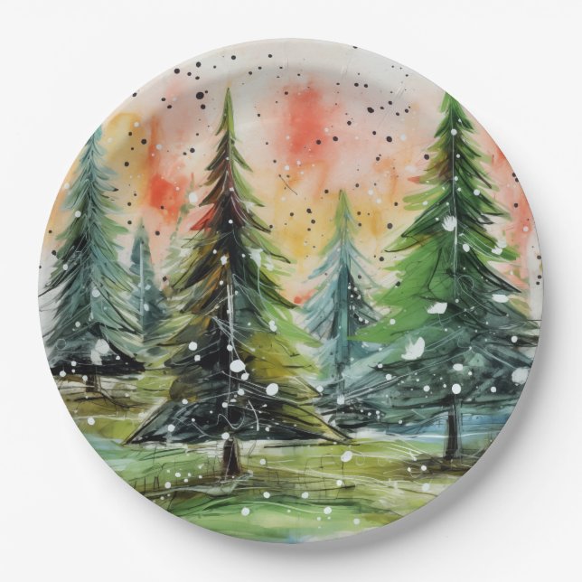 Beautiful Abstract Christmas Trees Glowing Sky Paper Plates (Front)