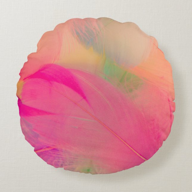 Beautiful abstract purple and blue feathers on whi round pillow (Front)