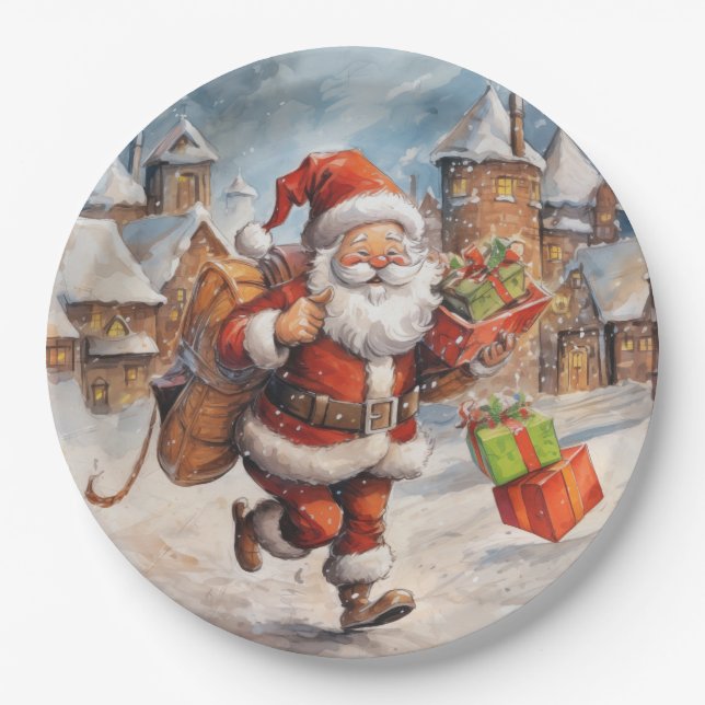 Beautiful Abstract Running Santa Claus Gifts Paper Plates (Front)