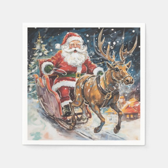 Beautiful Abstract Santa and Reindeer In a Rush Napkins (Front)