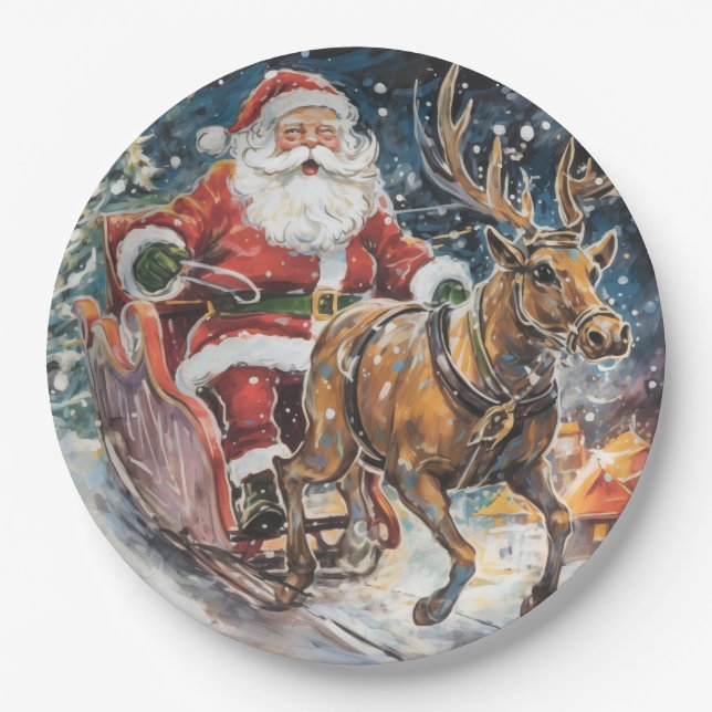 Beautiful Abstract Santa and Reindeer In a Rush Paper Plates (Front)