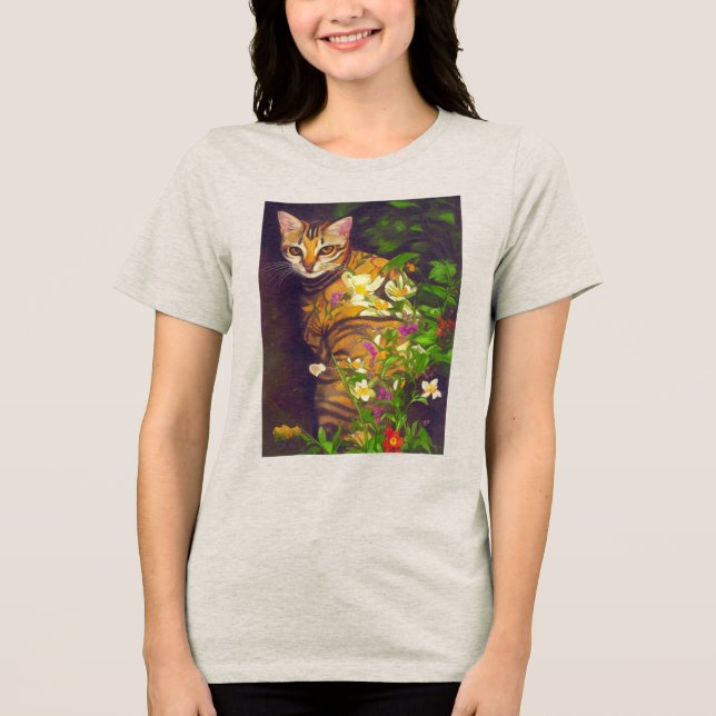 Beautiful Abyssinian Cat in a Midnight Garden   Tri-Blend Shirt (Front)