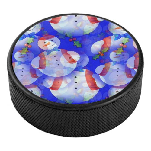 Beautiful Adorable Christmas Blue Snowman  Hockey Puck