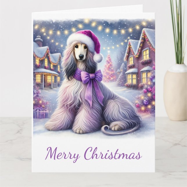 Beautiful Afghan Hound in Christmas Village Card (Front)