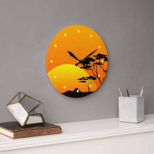 Beautiful Africa Safari Bright Orange Sunset Large Clock