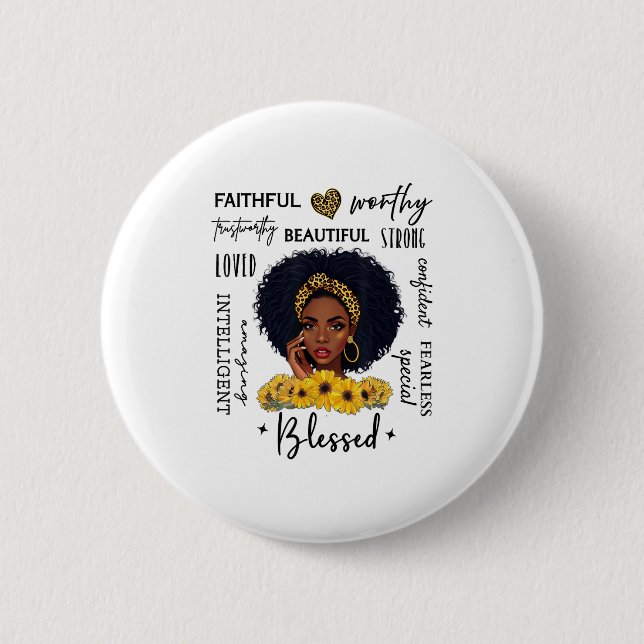 Beautiful African American Black Woman Sunflower L Button (Front)