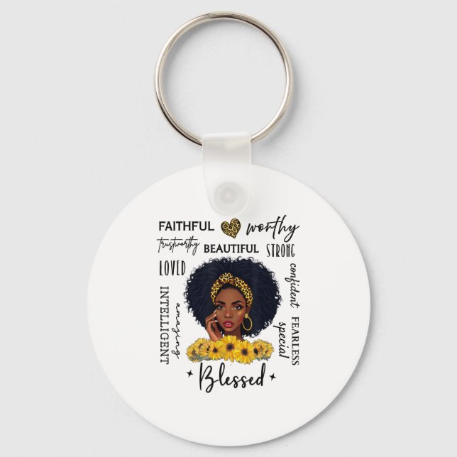 Beautiful African American Black Woman Sunflower L Keychain (Front)