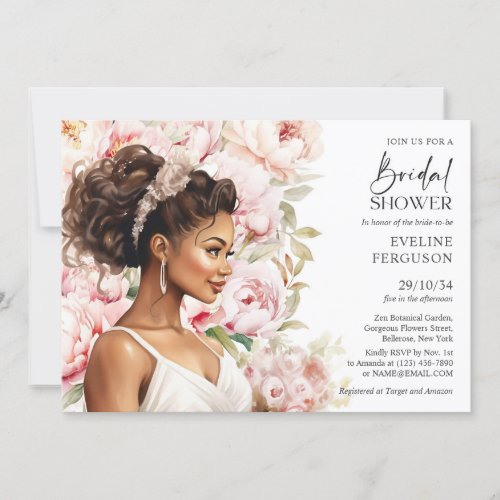 Beautiful African American Bride blush peonies Invitation