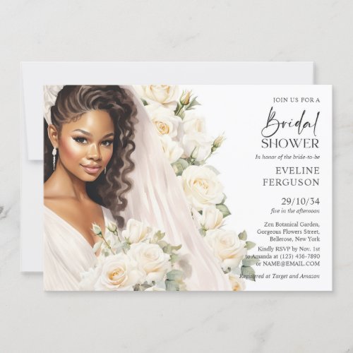 Beautiful African American Bride white roses boho Invitation