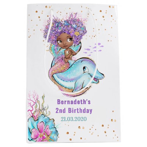 Beautiful African American Mermaid Birthday Party Medium Gift Bag