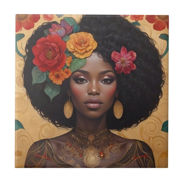 Beautiful African American Woman With Flowers Ceramic Tile (Front)