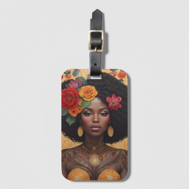 Beautiful African American Woman With Flowers Luggage Tag (Front Vertical)