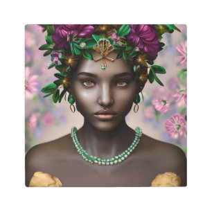 Beautiful African-American Woman with Flowers Metal Print