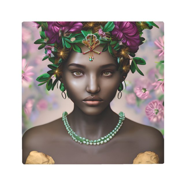 Beautiful African-American Woman with Flowers Metal Print (Front)