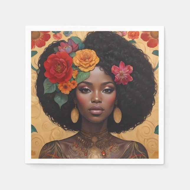 Beautiful African American Woman With Flowers Napkins (Front)
