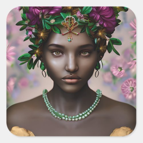 Beautiful African_American Woman with Flowers Square Sticker